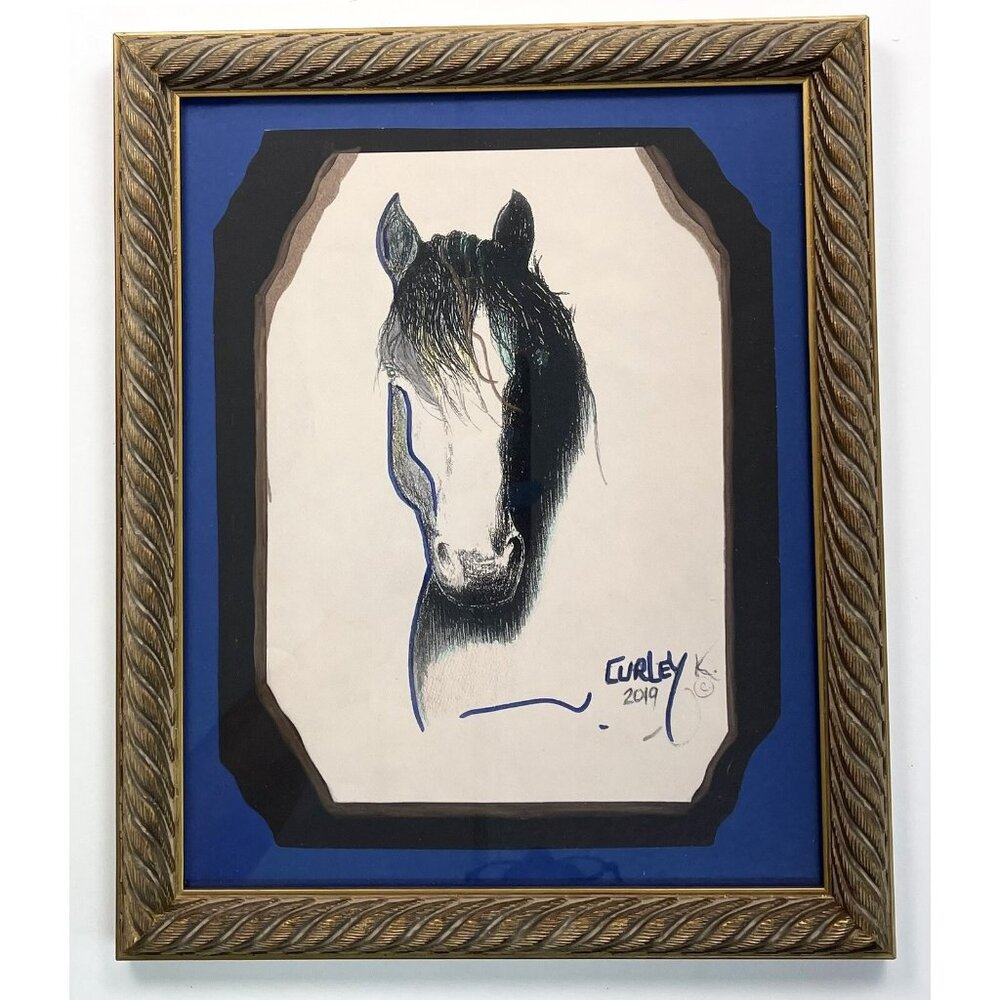 Framed Horse Drawing "H.K. Curley" OOAK Signed by Kelli Fine Dine Indigenous '19